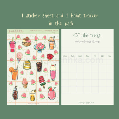 A product listing graphic showing a summer treats sticker sheet and a mini habit tracker on a sage green background. The sticker sheet features colorful illustrations of watermelon slices, ice cream cones, popsicles, and various drinks.