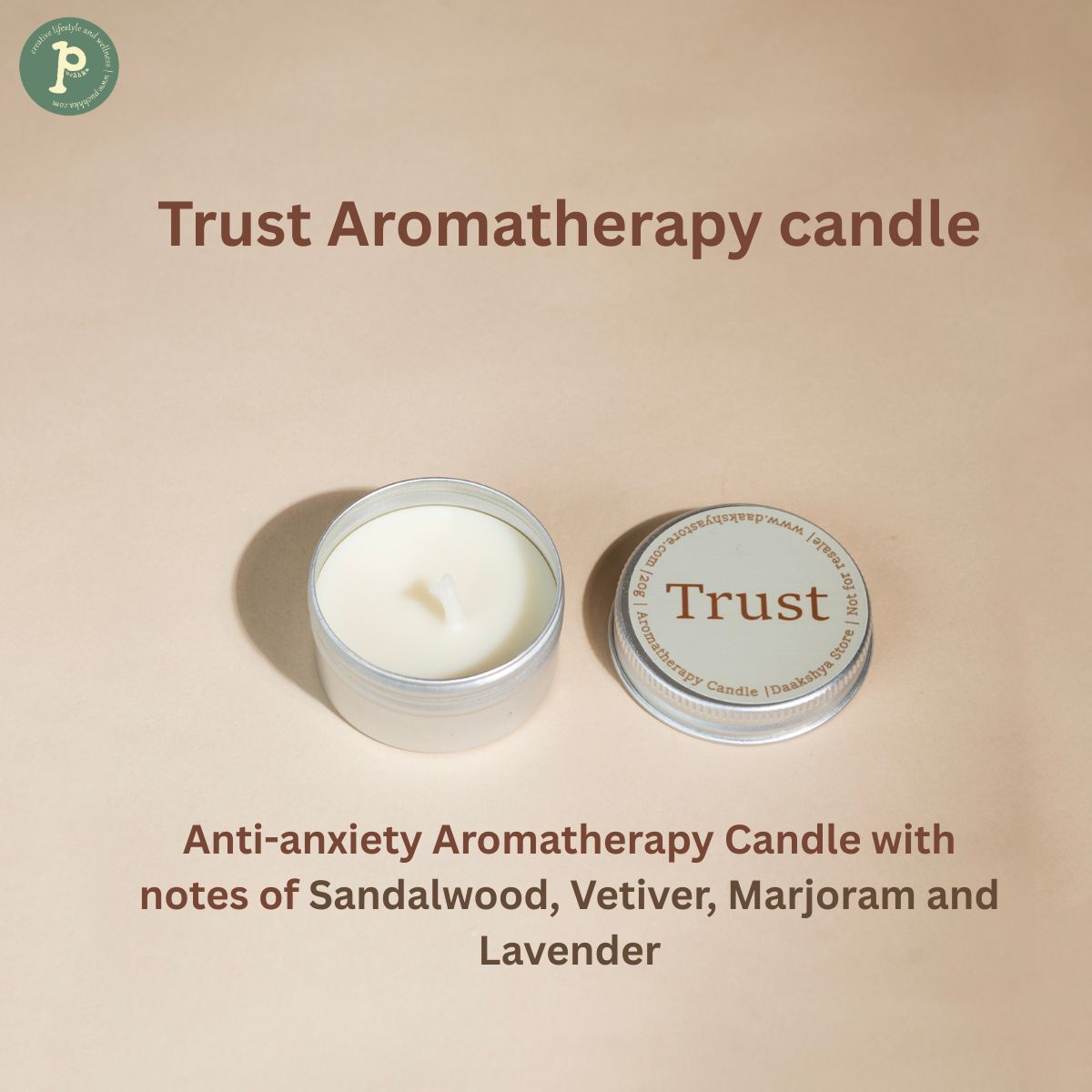 Trust mini 20g candle on a beige background with scent notes "Sandalwood, Vetiver, Marjoram and Lavender" written at the bottom.