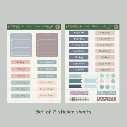 Two planner sticker sheets displayed on a light gray background, labeled 'puchhka' and 'Winter Planner sticker set '. The stickers include pastel pink, blue, and mauve labels for days of the week, tasks, reminders, and decorative patterned strips.